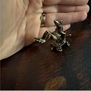 Solid Brass Whimsical Mini Frog on Turtle Figurine Office Decor